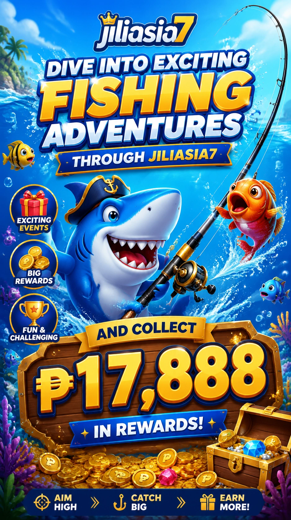 Fishing game interface showing colorful fish targets and cannon play